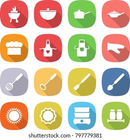 flat vector icon set - bbq vector, cauldron, saute pan, chief hat, apron, cook glove, whisk, spatula, big spoon, gas oven, induction, double boiler, salt pepper