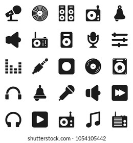 Flat vector icon set - bell vector, music, disk, microphone, radio, speaker, equalizer, headphones, play button, forward, rec, jack