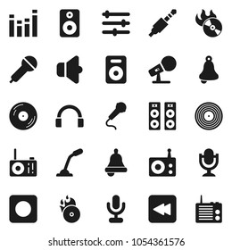 Flat vector icon set - bell vector, disk, music hit, microphone, radio, speaker, equalizer, headphones, backward button, rec, jack