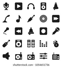 Flat vector icon set - bell vector, music, disk, hit, microphone, radio, speaker, equalizer, headphones, play button, forward, backward, rec, jack