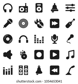Flat vector icon set - bell vector, music, disk, hit, microphone, radio, speaker, equalizer, headphones, play button, forward, backward, rec, jack
