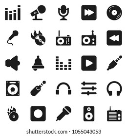 Flat vector icon set - bell vector, disk, music hit, microphone, radio, speaker, equalizer, headphones, play button, forward, backward, rec, jack