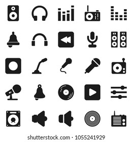Flat vector icon set - bell vector, disk, microphone, radio, speaker, equalizer, headphones, play button, backward, rec