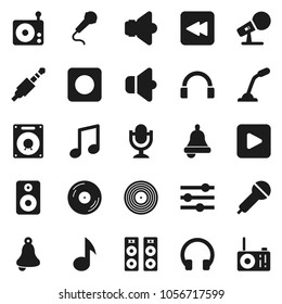 Flat vector icon set - bell vector, music, disk, microphone, radio, speaker, headphones, play button, backward, rec, jack, equalizer