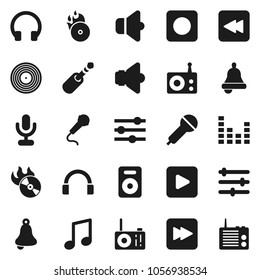 Flat vector icon set - bell vector, music, disk, hit, microphone, radio, speaker, equalizer, headphones, play button, forward, backward, rec, jack