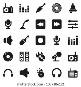 Flat vector icon set - bell vector, disk, music hit, microphone, radio, speaker, equalizer, headphones, forward button, backward, rec, jack