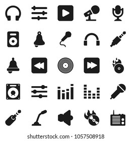 Flat vector icon set - bell vector, disk, music hit, microphone, speaker, equalizer, headphones, play button, forward, backward, jack, radio