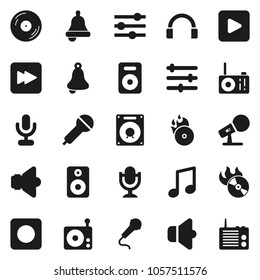 Flat vector icon set - bell vector, music, disk, hit, microphone, radio, speaker, headphones, play button, forward, rec, equalizer