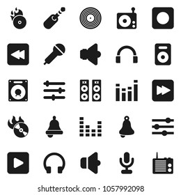 Flat vector icon set - bell vector, disk, music hit, microphone, radio, speaker, equalizer, headphones, play button, forward, backward, rec, jack