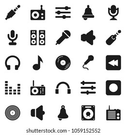 Flat vector icon set - bell vector, music, disk, microphone, radio, speaker, equalizer, headphones, backward button, rec, jack