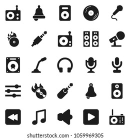 Flat vector icon set - bell vector, music, disk, hit, microphone, radio, speaker, headphones, play button, backward, jack, equalizer