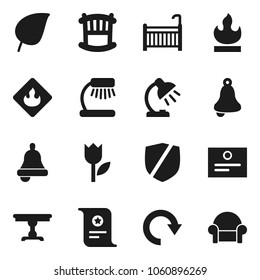 Flat vector icon set - bell vector, table lamp, certificate, leaf, tulip, protected, flammable, redo, crib, cushioned furniture