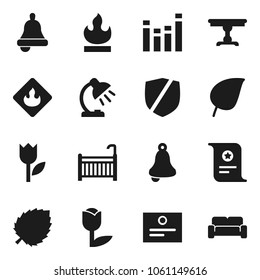 Flat vector icon set - bell vector, table lamp, certificate, leaf, tulip, protected, flammable, equalizer, crib, cushioned furniture