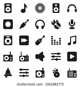 Flat vector icon set - bell vector, music, disk, hit, radio, speaker, equalizer, microphone, headphones, play button, forward, rec, jack