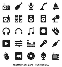 Flat vector icon set - bell vector, music, disk, hit, microphone, radio, equalizer, headphones, speaker, play button, backward, rec, jack