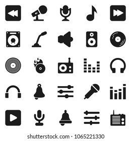 Flat vector icon set - bell vector, music, disk, hit, microphone, radio, speaker, equalizer, headphones, play button, forward, backward
