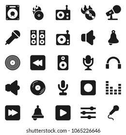 Flat vector icon set - bell vector, disk, music hit, microphone, radio, speaker, equalizer, headphones, play button, forward, backward, rec
