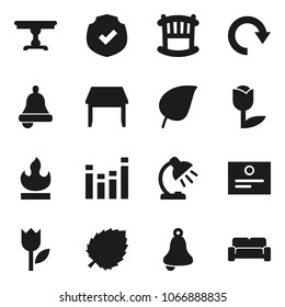 Flat vector icon set - bell vector, table lamp, certificate, leaf, tulip, protected, flammable, equalizer, redo, crib, cushioned furniture
