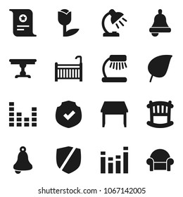 Flat vector icon set - bell vector, table lamp, certificate, leaf, tulip, protected, equalizer, crib, cushioned furniture