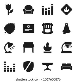 Flat vector icon set - bell vector, table lamp, certificate, leaf, tulip, protected, flammable, equalizer, crib, cushioned furniture