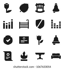 Flat vector icon set - bell vector, certificate, leaf, tulip, protected, flammable, equalizer, crib, table, cushioned furniture