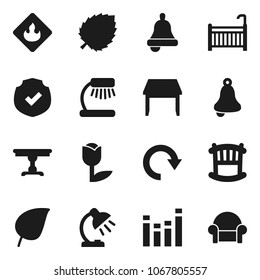 Flat vector icon set - bell vector, table lamp, leaf, tulip, protected, flammable, equalizer, redo, crib, cushioned furniture