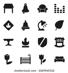 Flat vector icon set - bell vector, table lamp, leaf, tulip, protected, flammable, equalizer, crib, cushioned furniture