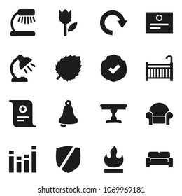 Flat vector icon set - bell vector, table lamp, certificate, leaf, tulip, protected, flammable, equalizer, redo, crib, cushioned furniture