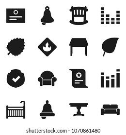 Flat vector icon set - bell vector, certificate, leaf, protected, flammable, equalizer, crib, table, cushioned furniture