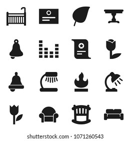 Flat vector icon set - bell vector, table lamp, certificate, leaf, tulip, flammable, equalizer, crib, cushioned furniture