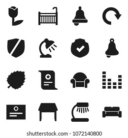 Flat vector icon set - bell vector, table lamp, certificate, leaf, tulip, protected, equalizer, redo, crib, cushioned furniture