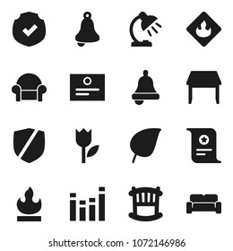 Flat vector icon set - bell vector, table lamp, certificate, leaf, tulip, protected, flammable, equalizer, crib, cushioned furniture