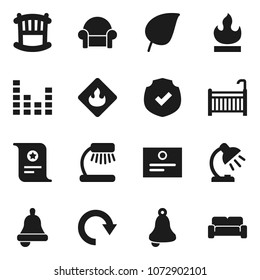Flat vector icon set - bell vector, table lamp, certificate, leaf, protected, flammable, equalizer, redo, crib, cushioned furniture