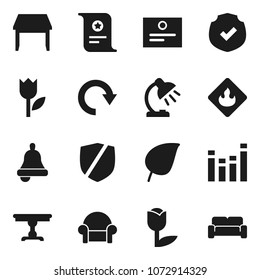 Flat vector icon set - bell vector, table lamp, certificate, leaf, tulip, protected, flammable, equalizer, redo, cushioned furniture