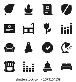 Flat vector icon set - bell vector, table lamp, certificate, leaf, tulip, protected, flammable, equalizer, crib, cushioned furniture