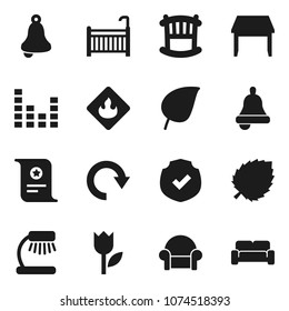 Flat vector icon set - bell vector, table lamp, certificate, leaf, tulip, protected, flammable, equalizer, redo, crib, cushioned furniture