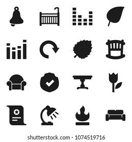 Flat vector icon set - bell vector, table lamp, certificate, leaf, tulip, protected, flammable, equalizer, redo, crib, cushioned furniture