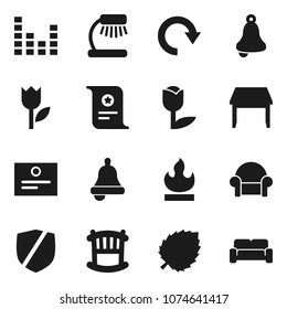 Flat vector icon set - bell vector, table lamp, certificate, leaf, tulip, protected, flammable, equalizer, redo, crib, cushioned furniture