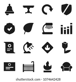 Flat vector icon set - bell vector, table lamp, certificate, leaf, tulip, protected, flammable, equalizer, redo, crib, cushioned furniture