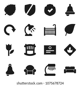 Flat vector icon set - bell vector, table lamp, certificate, leaf, tulip, protected, flammable, redo, crib, cushioned furniture