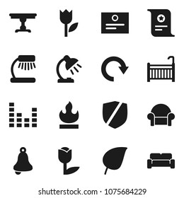 Flat vector icon set - bell vector, table lamp, certificate, leaf, tulip, protected, flammable, equalizer, redo, crib, cushioned furniture