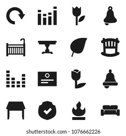 Flat vector icon set - bell vector, certificate, leaf, tulip, protected, flammable, equalizer, redo, crib, table, cushioned furniture