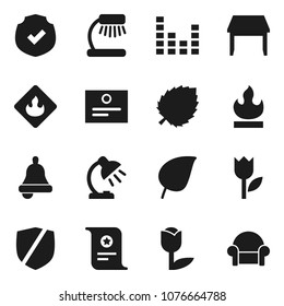 Flat vector icon set - bell vector, table lamp, certificate, leaf, tulip, protected, flammable, equalizer, cushioned furniture