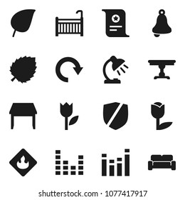Flat vector icon set - bell vector, table lamp, certificate, leaf, tulip, protected, flammable, equalizer, redo, crib, cushioned furniture