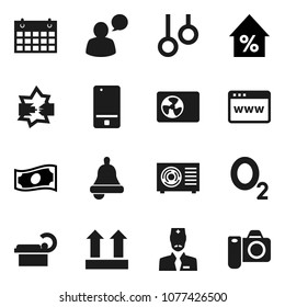 Flat vector icon set - bell vector, cash, percent growth, calendar, gymnast rings, oxygen, top sign, mobile phone, speaking man, tomography, doctor, disconnection, browser, ari condition, camera