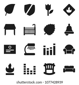 Flat vector icon set - bell vector, table lamp, certificate, leaf, tulip, protected, flammable, equalizer, crib, cushioned furniture