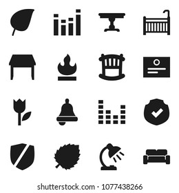 Flat vector icon set - bell vector, table lamp, certificate, leaf, tulip, protected, flammable, equalizer, crib, cushioned furniture