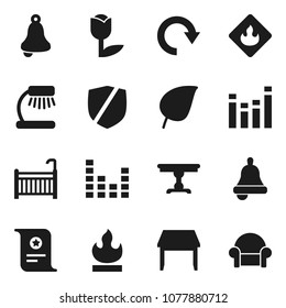 Flat vector icon set - bell vector, table lamp, certificate, leaf, tulip, protected, flammable, equalizer, redo, crib, cushioned furniture