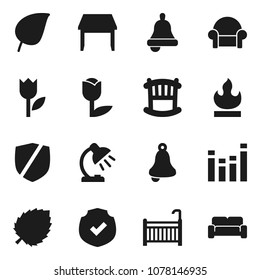 Flat vector icon set - bell vector, table lamp, leaf, tulip, protected, flammable, equalizer, crib, cushioned furniture