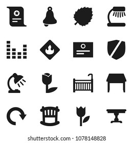 Flat vector icon set - bell vector, table lamp, certificate, leaf, tulip, protected, flammable, equalizer, redo, crib